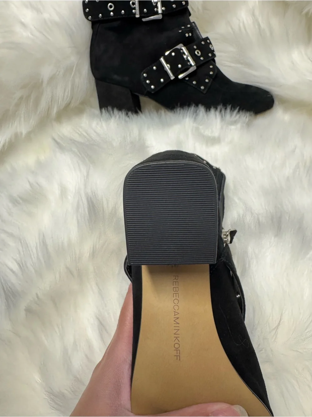 Rebecca Minkoff Black Suede Studded Buckle Ankle Boots